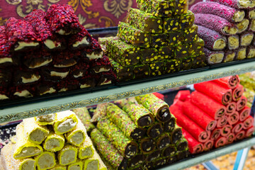 Display of Turkish sweetshop with various kinds of delicious lokum. Popular delight of Ottoman...