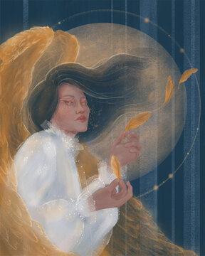 golden angel loses feathers by moonlight