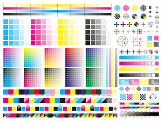 Color cmyk management elements. Offset print registration plates, gradient, cmyk color mixing panel. Printing control marks vector illustration set © WinWin