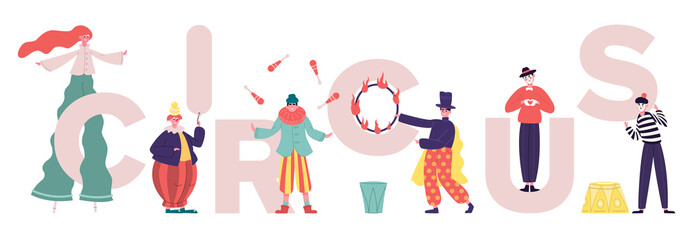 Circus characters. Clowns and mimes comedy performing, performance artists with circus letters. Various circus artists vector illustration - obrazy, fototapety, plakaty