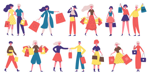 Fototapeta na wymiar Shopping people. Shopaholic male and female characters, people buy clothes, food or presents. People with shopping bags vector illustration set