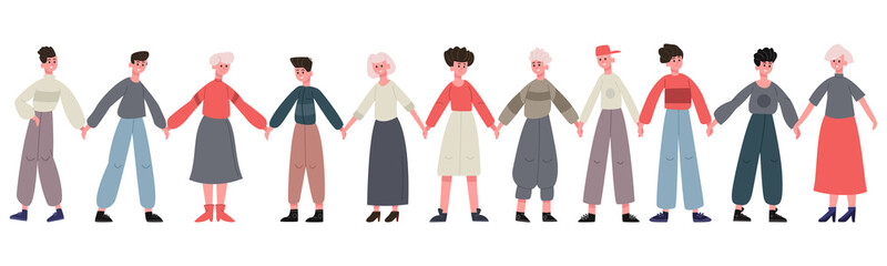 Naklejka premium Friends standing together. Group of happy friends holding hands, happiness and friendship. Smiling people stand in row together vector illustration set