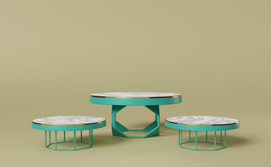 podium marble empty with geometric shapes in beige composition for modern stage display ,abstract showcase background ,Concept 3d illustration or 3d rendering