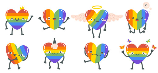 Cute rainbow hearts. Happy smiling lgbtq rainbow heart characters, gay pride rainbow heart mascots. Hand drawn lgbt heart emoji vector illustration set