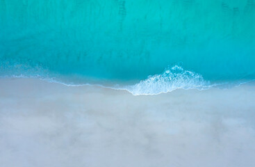 Aerial top view of  Summer beach with sandy sea landscape with turquoise water background