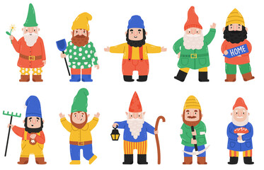 Cute garden gnomes. Dwarf characters with lantern, flowers and mushroom, fairy tale mascots. Funny garden bearded dwarfs vector illustration set