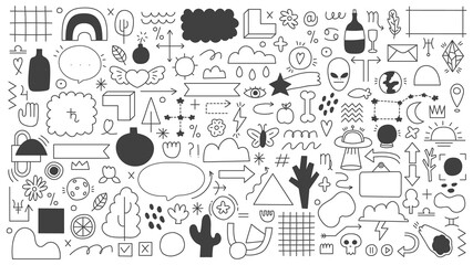 Doodle outline elements. Abstract doodle sketches, decorative frames, arrows and ribbons. Hand drawn doodle shapes vector illustration set