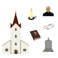 Prayer priest pastor or preacher . Holy Bible and rosary beads with cross. Gravestone and church building. Religion symbols