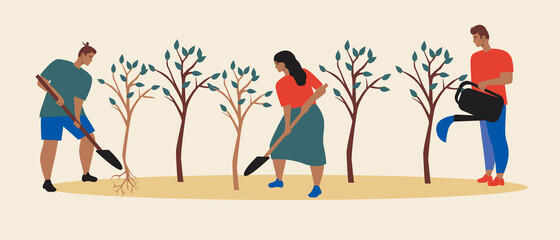 Teamwork Volunteers and tree planting, flat vector stock illustration with man, woman and forest planting