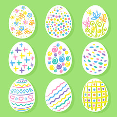 Happy Easter!  Collection of nine Easter eggs. Handmade pattern of flowers, lines and dots. Isolated on a green background. Poster, postcard or banner. Vector flat illustration.