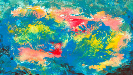 The abstract composition is painted with acrylic in bright colors. Picturesque background for your design or interior. Yellow, red, blue paint in different shades of texture.