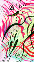 Abstract composition is drawn with watercolors and colored pencils. Textured background for your design Geometric shapes, modern interior painting