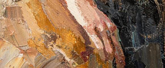 Embossed pasty oil paints and reliefs. Primary colors: ocher, white, black.  Abstract art.