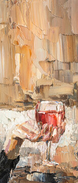 Fragment oil painting on canvas. Glass of wine.