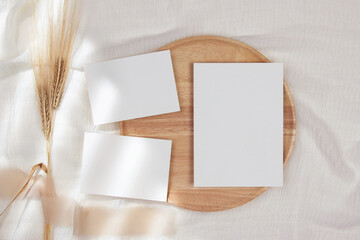 Set of cards mockup on wooden plate