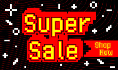 Super Sale - Vector banner template design. Special offer discount banner, pixel art for advertising.