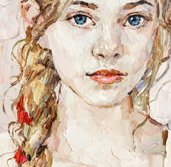 A fragment of a painting depicting a young girl with a red ribbon in her hair. Blue-eyed girl with a pigtail. Oil painting on canvas.