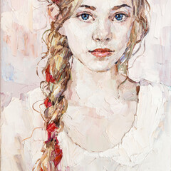 A fragment of a painting depicting a young girl with a red ribbon in her hair. Blue-eyed girl with a pigtail. Oil painting on canvas.