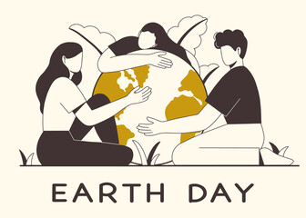 Happy Earth Day. Young people take care the planet. Concept of environmental protection and nature care. Design for greeting card, poster, web or print. Flat vector illustration.