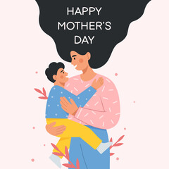 Greeting card with beautiful mother holding her cute son in arms. Happy Mother's day. Flat vector illustration.