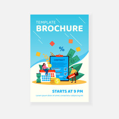 Happy couple signing loan agreement isolated flat vector illustration. Cartoon graphic man and woman taking bank credit and getting money. Mortgage and easy credit program concept