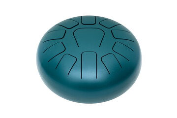 Green hand pan steel tongue drum musical instrument isolated on white background. 