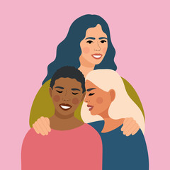Fototapeta premium Portrait of beautiful women different nationalities and cultures. Happy International Women's or Mother's Day. Women friendship concept, movement to empower women. Flat vector illustration.