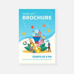 Happy analysts analyzing market via social media flat vector illustration. Cartoon characters working with marketing cycle and advertising system. Selling strategy, SEO and marketing funnel concept