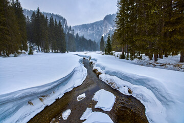 Beautiful winter landscape in the mountains, Bucegi Mountains Romania.