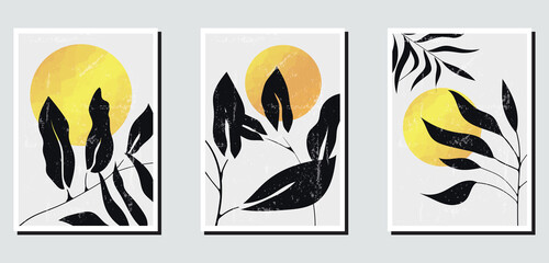 Fototapeta na wymiar A set of three abstract minimalist aesthetic floral illustrations. Black silhouettes of plants on a light background. Modern vector posters for social media, web design in vintage style.