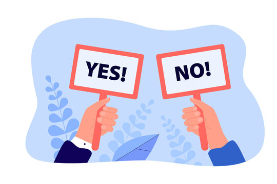 Man and woman hands holding yes and no placards signs voting. People making correct choice flat vector illustration. Survey, voting concept for banner, website design or landing web page