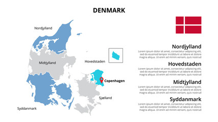 Denmark vector map infographic template divided by countries. Slide presentation