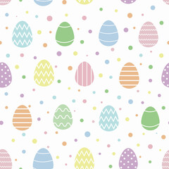 
A seamless pattern of Easter eggs of pastel colors on a white background. Eggs in a flat style of pink, blue, green, yellow and purple. Pattern for postcards, wrapping paper, wallpaper, screensavers
