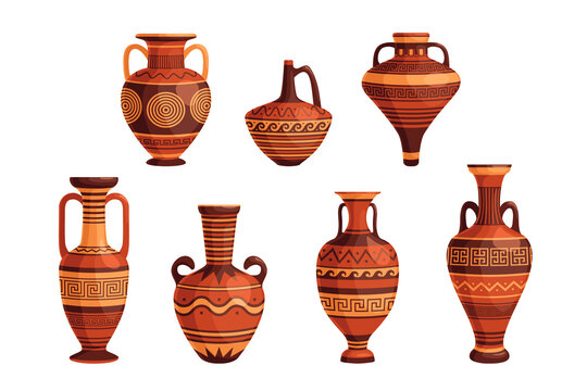 Ancient Greek vases and pots set. Decorative ornate Greece amphorae, jugs, urns, oil jars pottery objects cartoon design. Flat vector illustration. Traditional old Grecian ceramic earthenware concept