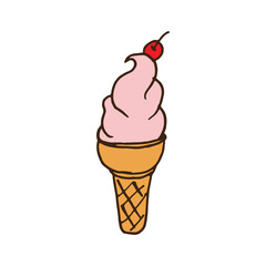 ice cream cone vector illustration. strawberry flavor with cherry topping. gelato ice cream on white background. pink and brown color. hand drawn vector. doodle art for kids, logo, label, clipart.