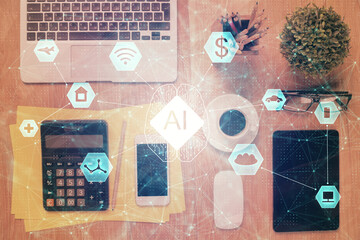 Double exposure of technology theme drawing over work table desktop. Top view. Global data analysis concept.