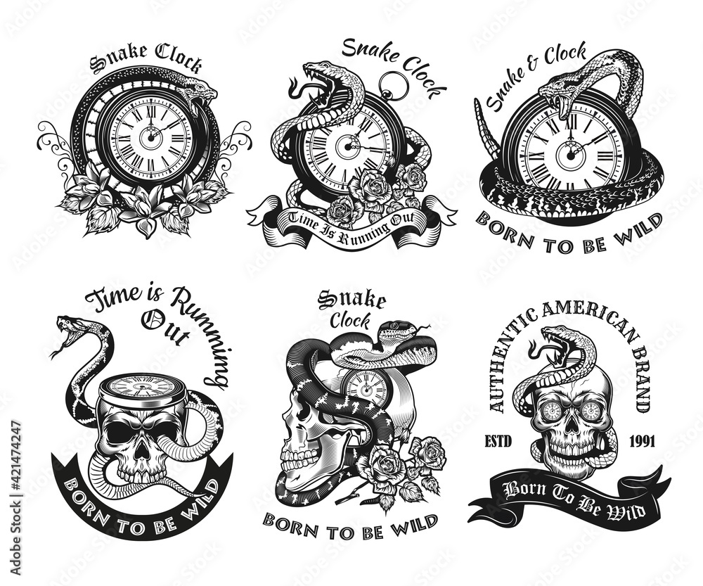 Poster monochrome labels with snakes and clocks vector illustration set. retro emblems with metaphor of run