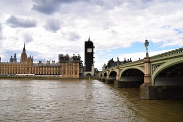 Houses of Parliament, Big Ben, Westminster Bridge and River Thames daytime view, London, United...