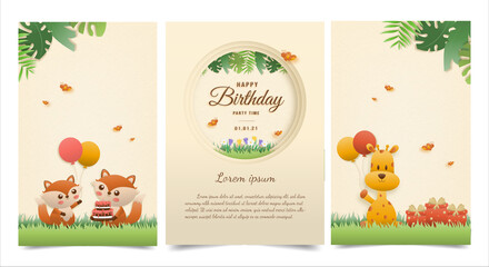 Invitation birthday greeting card with a cute animal. jungle animals celebrate children's birthday and template invitation paper art style vector illustration.	