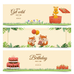 Invitation birthday greeting card with a cute animal. jungle animals celebrate children's birthday and template invitation paper art style vector illustration.	