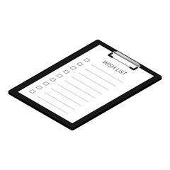 Black clipboard with wish list paper isolated on white background