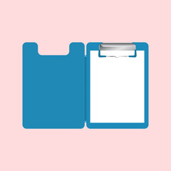 Blue Realistic clipboard  with Blank white Paper on Pink Background.Top View. mockup template.vector illustration
