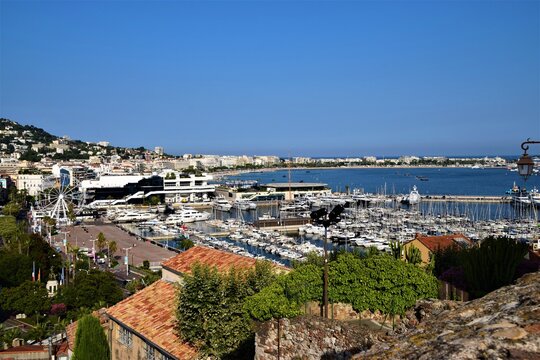 Aerial panoramic view of Old Port of Cannes,  La Croisette, sea and coast, South of France.