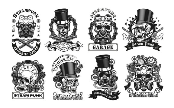 Vintage badges with steampunk skull vector illustration set. Monochrome labels with dead head in retro hat and gears. Steampunk style and Victorian era concept can be used for retro template