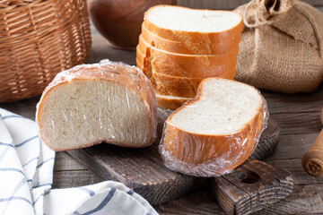 Bread packed for freezing. Frozen bread in storage bag.