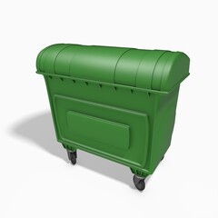 3d render of a large plastic green dumpster on a white background