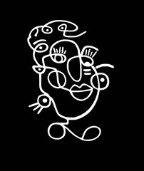 Abstract surreal illustrated face of geometric shapes. Isolated on a black background.