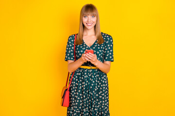 Portrait of attractive cheerful girl using gadget browsing rout gps comment feedback isolated over...