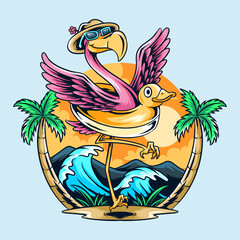 flamingos with rubber duck buoys on the beach in summer vector