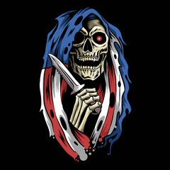 angel of death grim reaper with hood cloak american flag holding a dagger